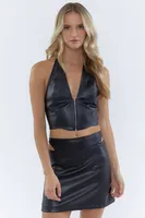 Faux-Leather Zip-Up Halter Neck Top