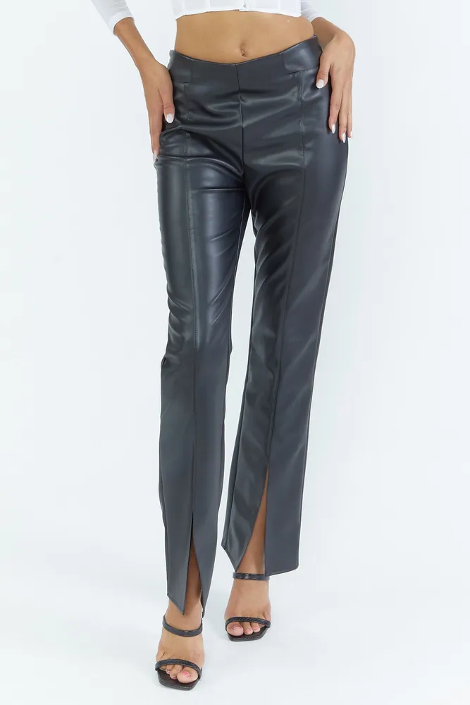 Front Slit Faux Leather Pants