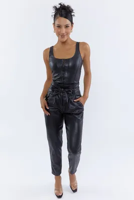 Faux-Leather Belted High-Rise Paperbag Pant