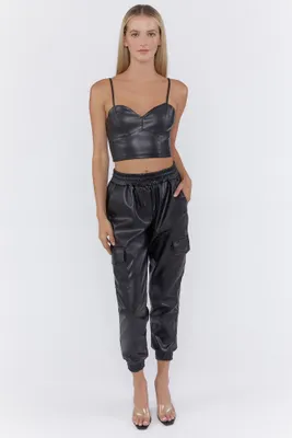Faux Leather Drawstring Cargo Jogger