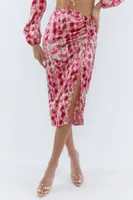 Ruched Slit Thigh Printed Midi Skirt