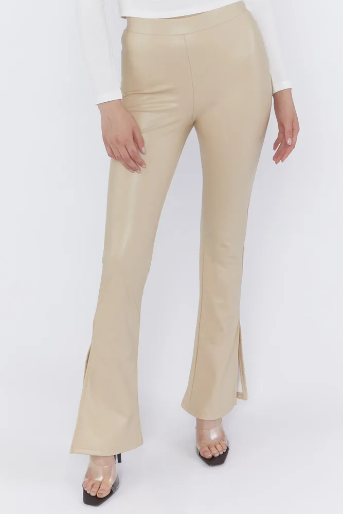 Faux Leather Leg Slit Flare Pant