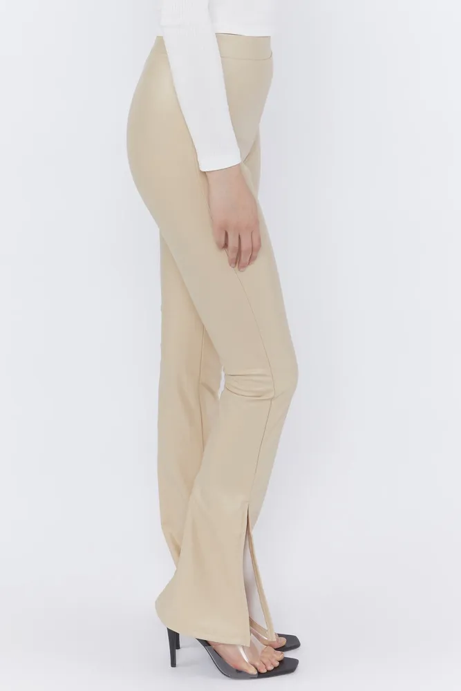 Faux Leather Leg Slit Flare Pant