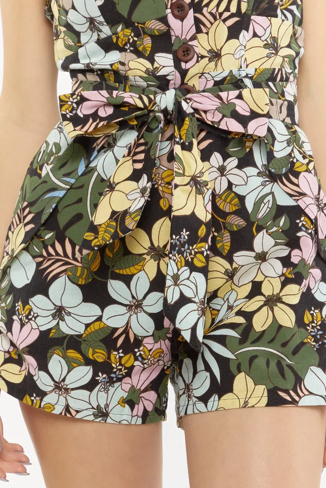 Floral Print Front Tie Mini Romper