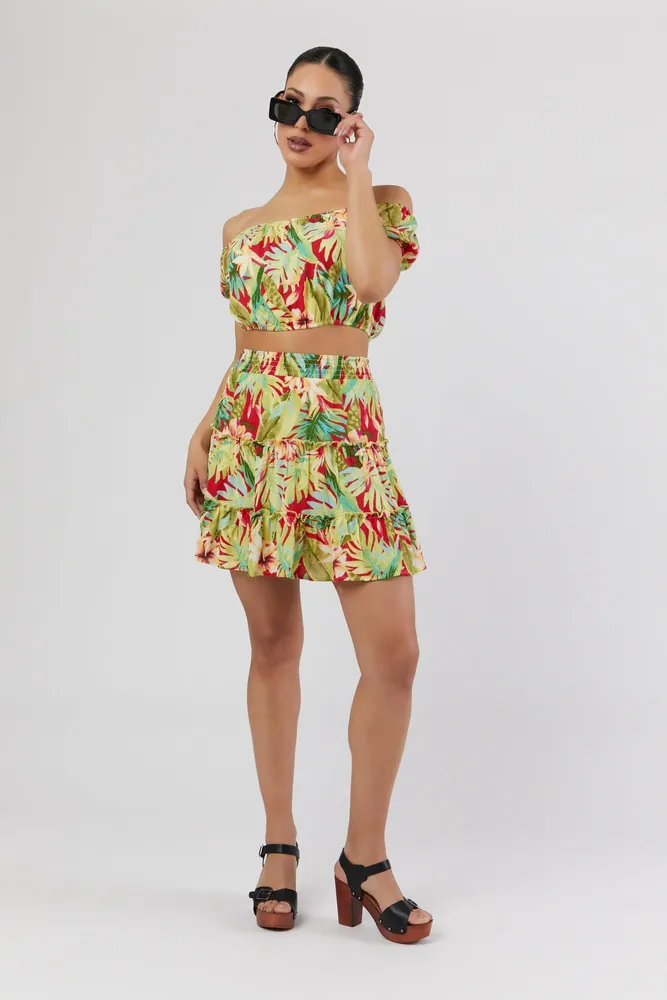 Tropical Print Tiered Mini Skirt