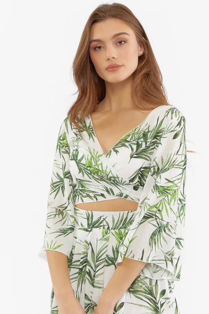 Leaf Print Tie-Up Flowy Long Sleeve Crop Top