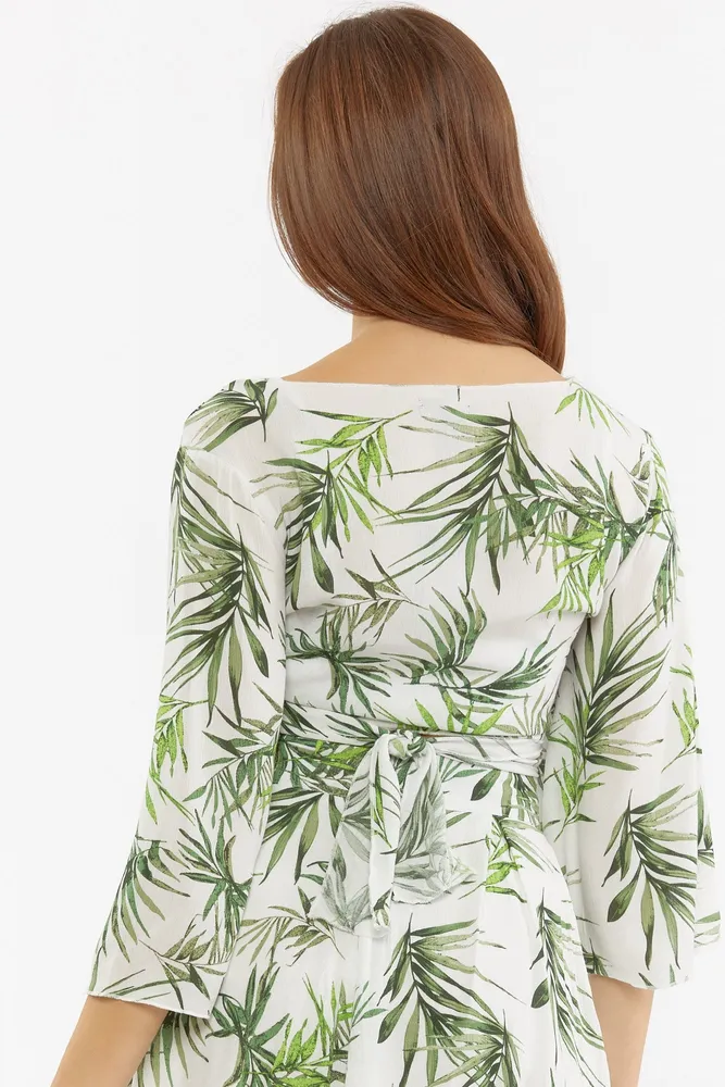 Leaf Print Tie-Up Flowy Long Sleeve Crop Top