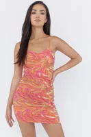 Printed Ruched Mesh Cami Mini Dress