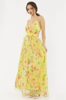 Yellow Floral Deep V-Neck Maxi Dress