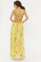 Yellow Floral Deep V-Neck Maxi Dress