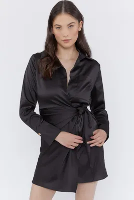 Tie Waist Long Sleeve Satin Wrap Dress