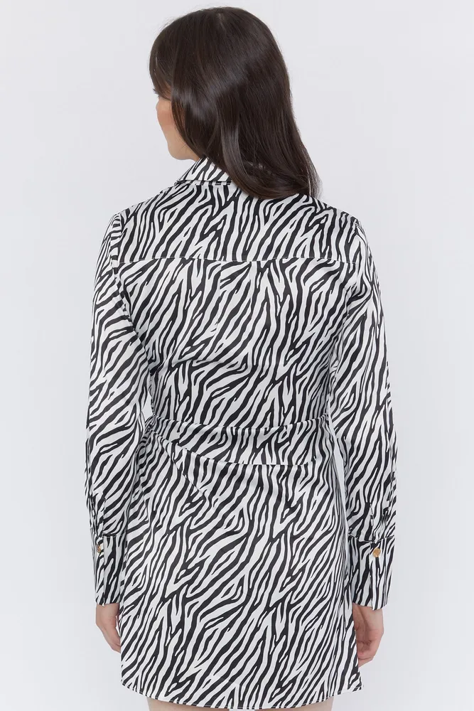 Zebra Print Tie Waist Long Sleeve Satin Wrap Dress