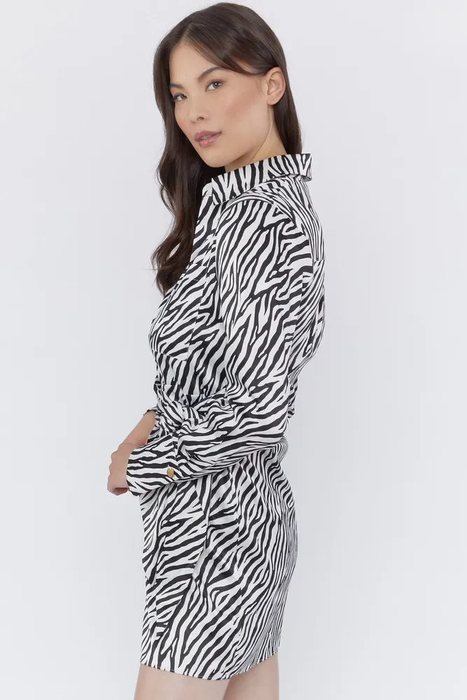 Zebra Print Tie Waist Long Sleeve Satin Wrap Dress