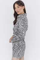 Zebra Print Tie Waist Long Sleeve Satin Wrap Dress