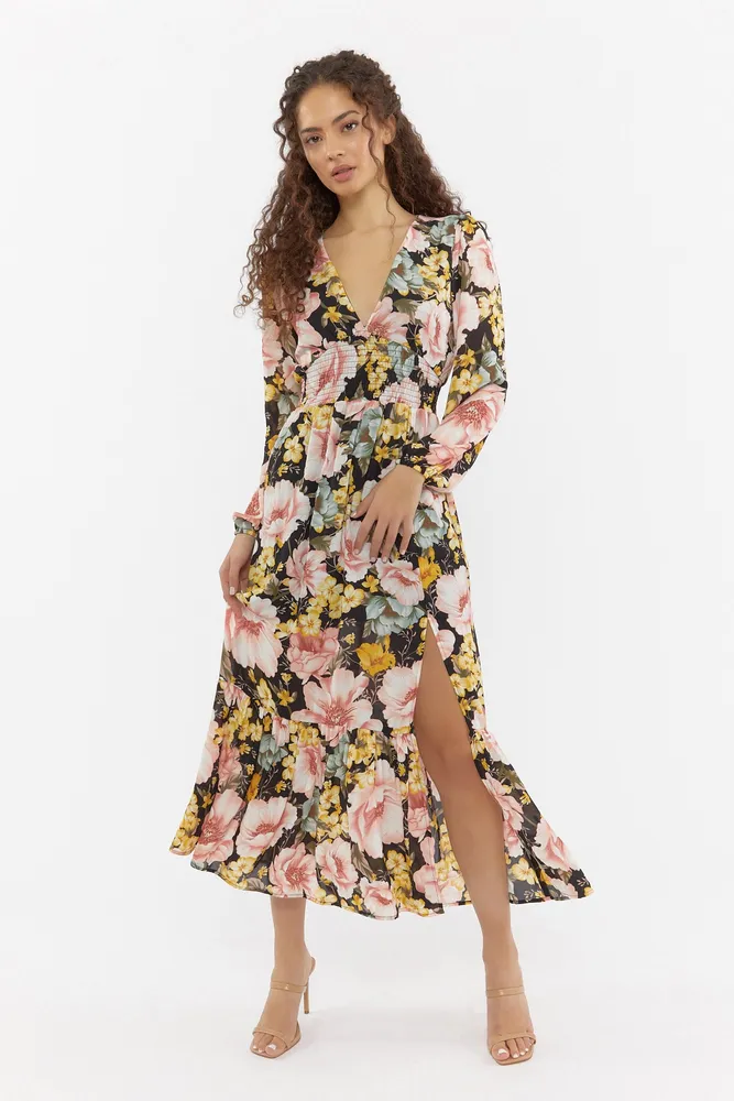 Floral Mesh Long Sleeve Tiered Maxi Dress – Urban Planet