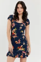 Navy Tropical Floral Print Smocked Mini Dress