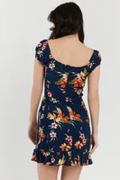 Navy Tropical Floral Print Smocked Mini Dress