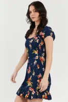 Navy Tropical Floral Print Smocked Mini Dress