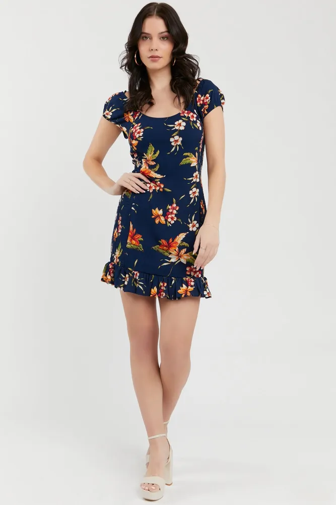 Navy Tropical Floral Print Smocked Mini Dress