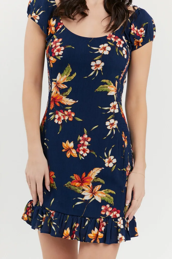 Navy Tropical Floral Print Smocked Mini Dress