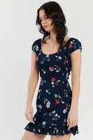 Navy Floral Print Smocked Mini Dress