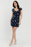 Navy Floral Print Smocked Mini Dress