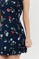 Navy Floral Print Smocked Mini Dress