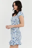 Blue and White Floral Print Ruffle Mini Dress