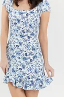 Blue and White Floral Print Ruffle Mini Dress