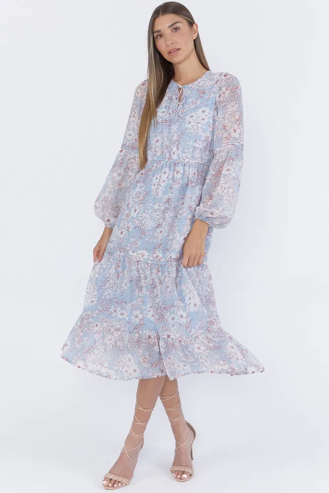 Floral Print Tiered Long Sleeve Milkmaid Maxi Dress