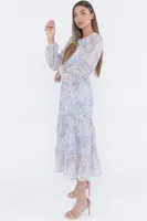 Floral Print Tiered Long Sleeve Milkmaid Maxi Dress