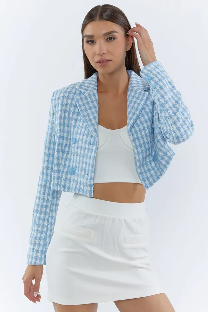 Gingham Tweed Houndstooth Cropped Blazer