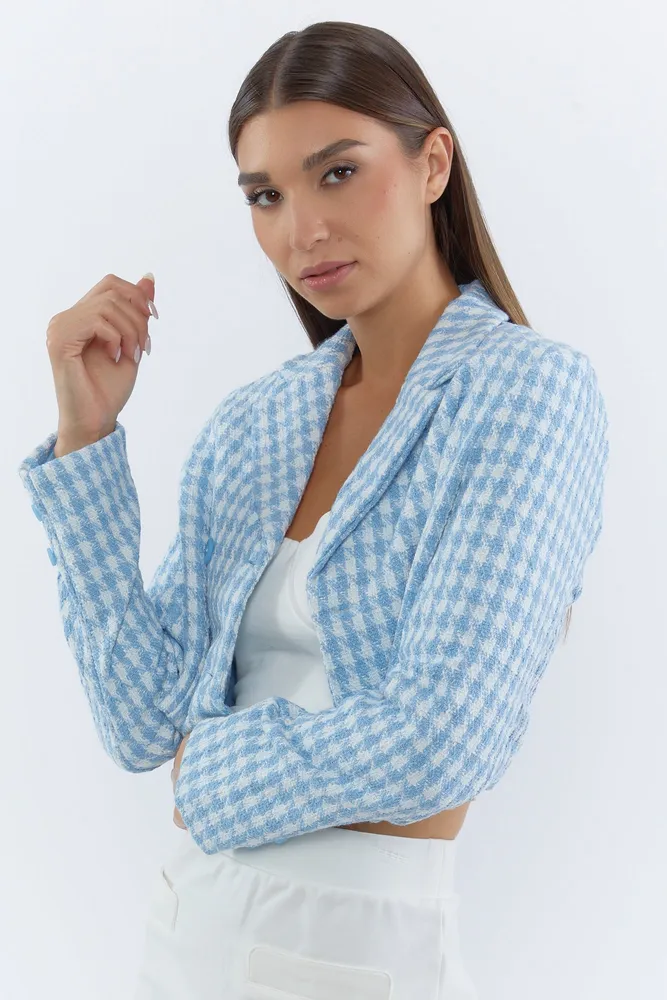 Gingham Tweed Houndstooth Cropped Blazer