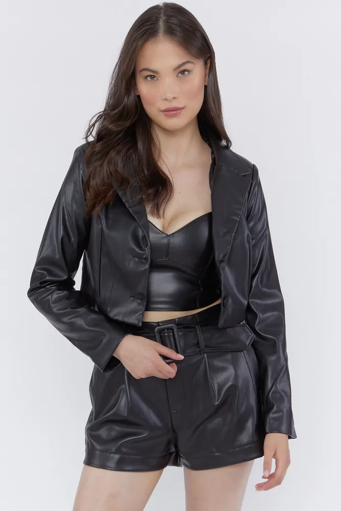 Faux-Leather Cropped Blazer