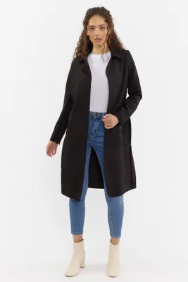 Faux-Suede Belted Longline Trench Coat
