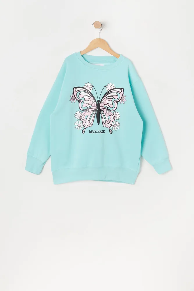 Girls Live Free Butterfly Graphic Oversized Fleece Sweatshirt