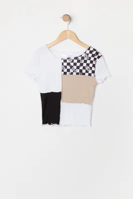 Girls Checkered Print Colour Block Top