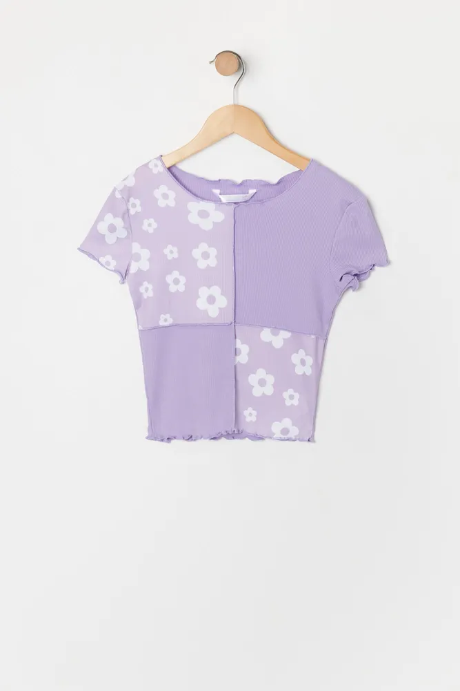 Girls Flower Print Colour Block Top