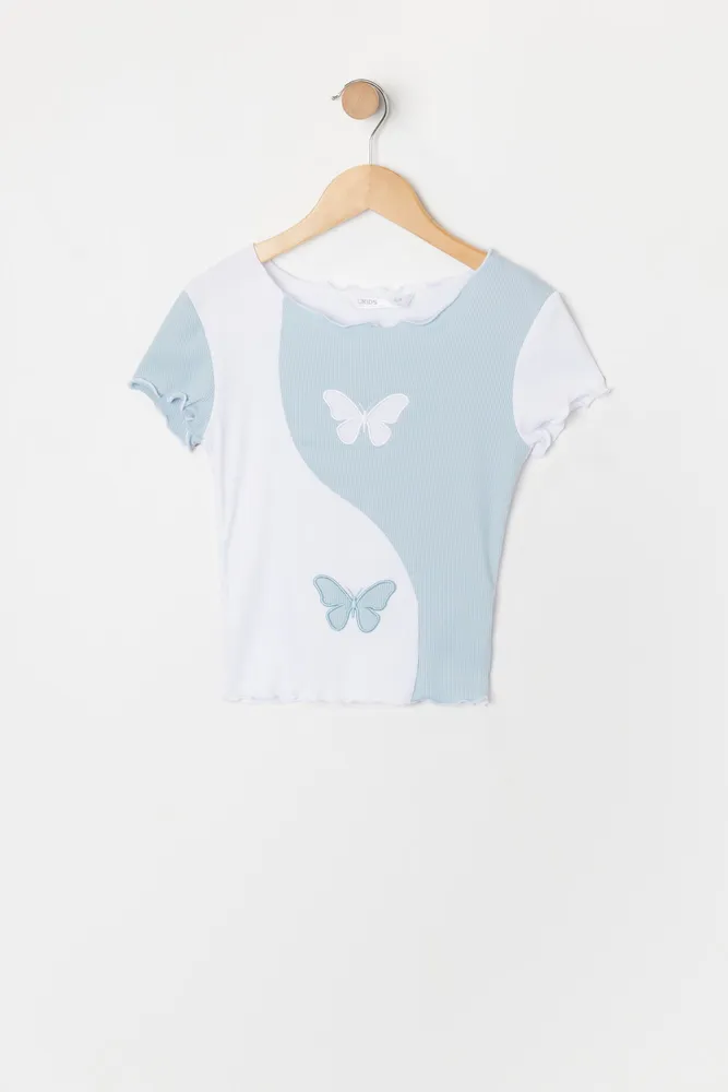 Girls Butterfly Embroidered Colour Block Top