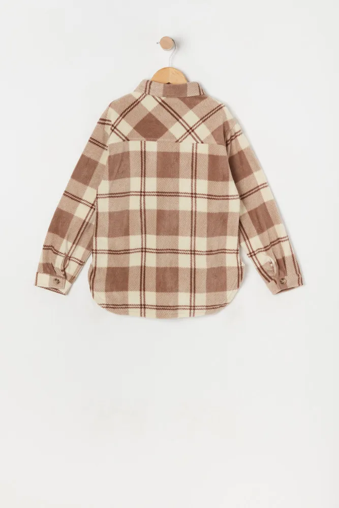 Girls Tan Plaid Polar Fleece Shacket