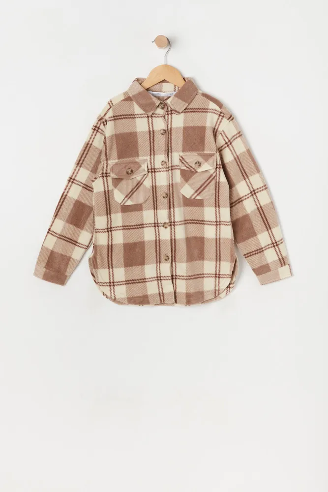 Girls Tan Plaid Polar Fleece Shacket