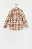 Girls Tan Plaid Polar Fleece Shacket