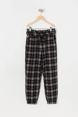 Girls Plaid Print Belted Paperbag Jogger