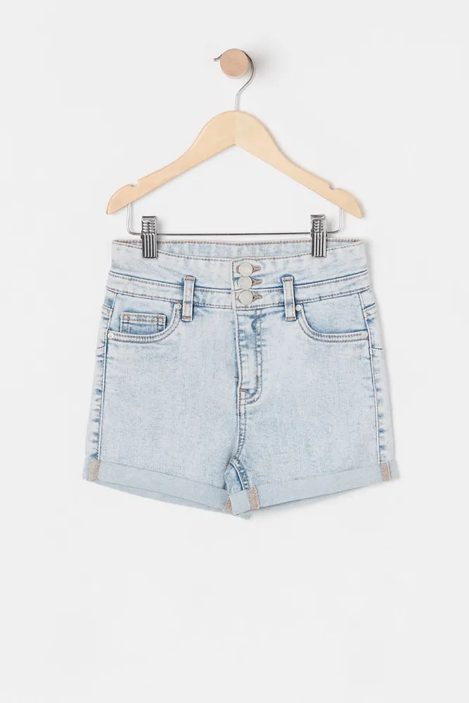 Girls High-Rise Three Button Acid Wash Denim Short