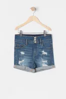 Girls High-Rise Three Button Distressed Dark Wash Denim Short