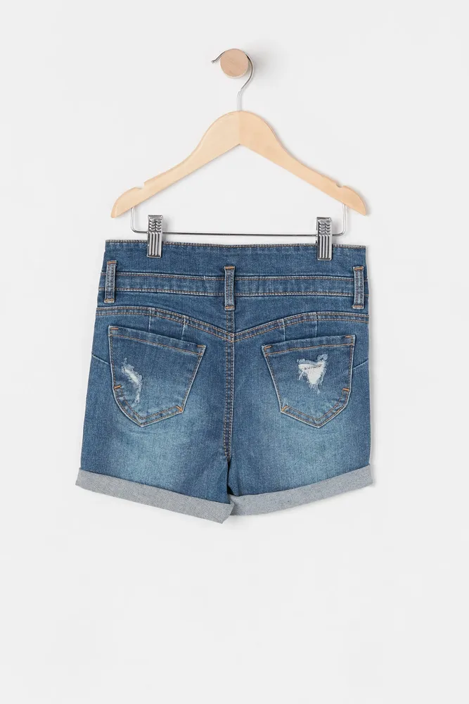 Girls High-Rise Three Button Distressed Dark Wash Denim Short