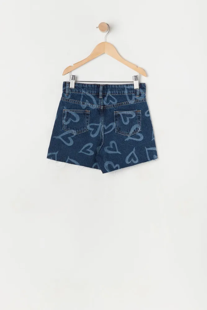 Girls Chelsea Heart Print Denim Short