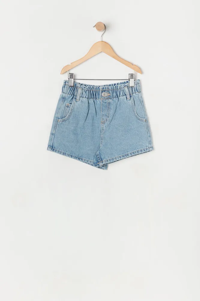 Girls Light Wash Denim Paperbag Short