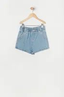 Girls Light Wash Denim Paperbag Short