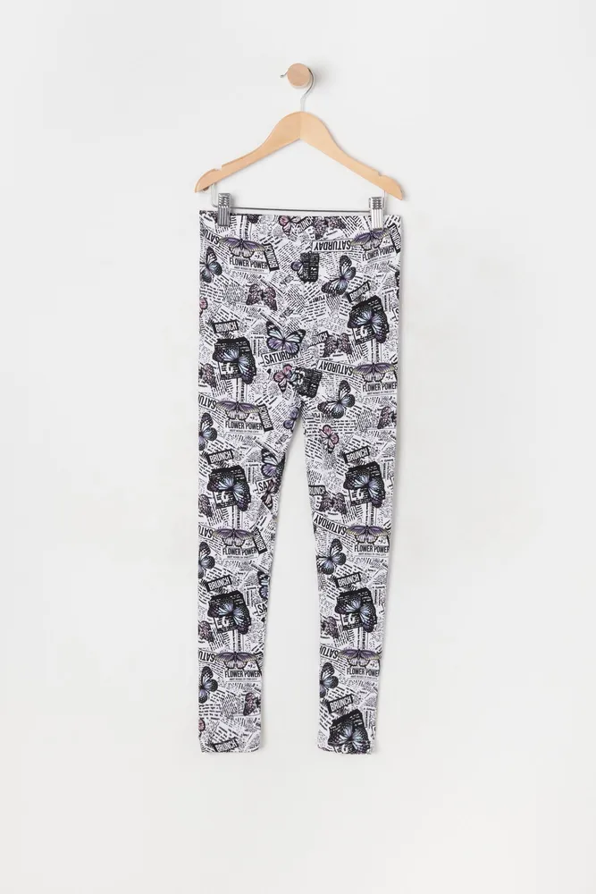 Girls Soft Newspaper And Butterfly Print Legging